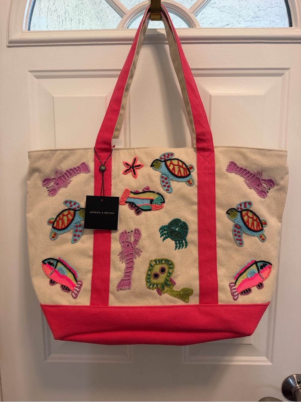 Underwater Tales Pink Cream Embroidered Beaded Canvas Tote Bag Boat Bag - Zipper - Picture 1 of 2